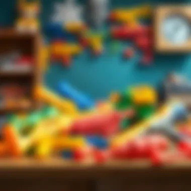 Colorful toy gun sets displayed on a table