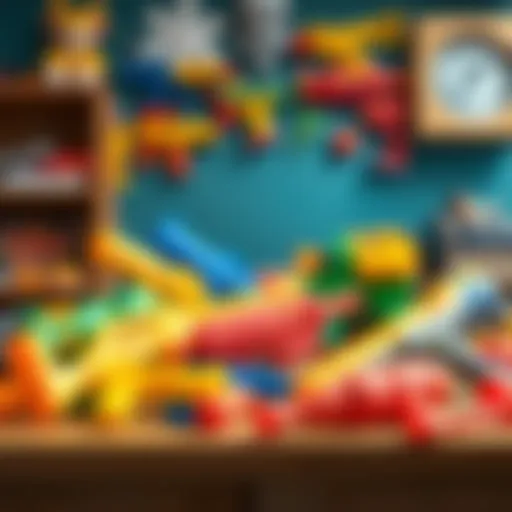 Colorful toy gun sets displayed on a table