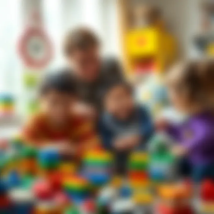 A family discussing Lego building ideas, emphasizing collaborative play.