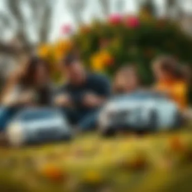 Family enjoying time with remote-controlled Mercedes outdoors