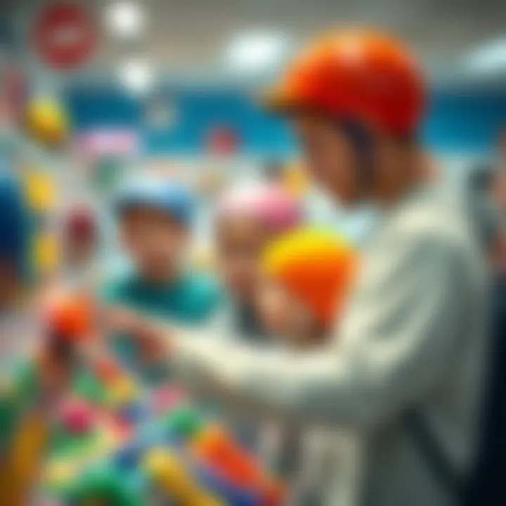 A family selecting swim caps for their kids at a store