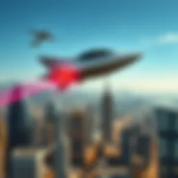 A futuristic flying car soaring above a city skyline