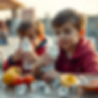 Children enjoying refreshment with frozen water bottles Children enjoying drinks from frozen water bottles