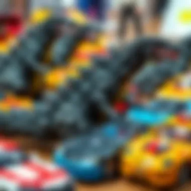 A collection of Godzilla-themed toy cars lined up on display.