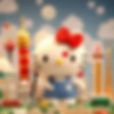 A whimsical depiction of Hello Kitty surrounded by various global landmarks.