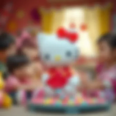 A creative interpretation of Hello Kitty engaging with children in a playful setting.