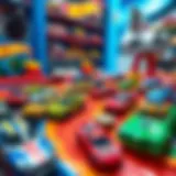 A vibrant collection of Hot Wheels cars displayed on a colorful track