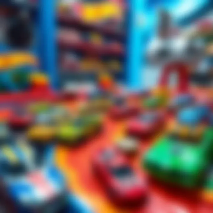A vibrant collection of Hot Wheels cars displayed on a colorful track