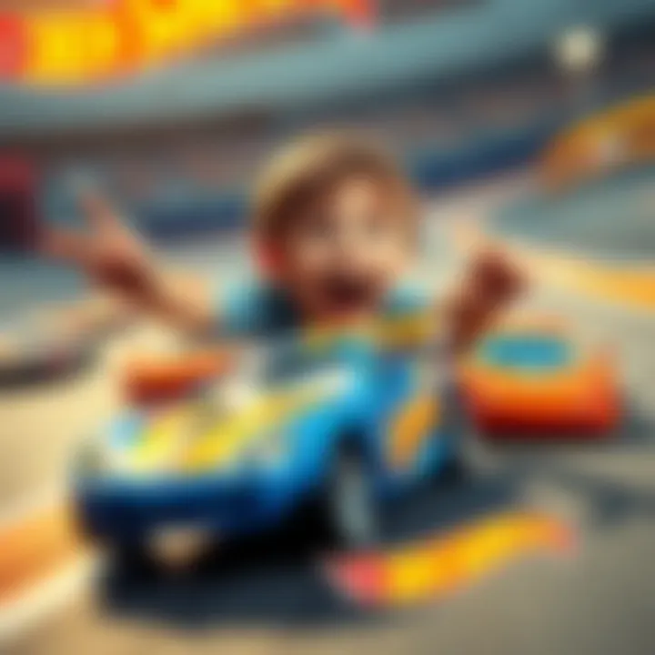 Exciting Race with Hot Wheels A child enthusiastically racing Hot Wheels cars on a track
