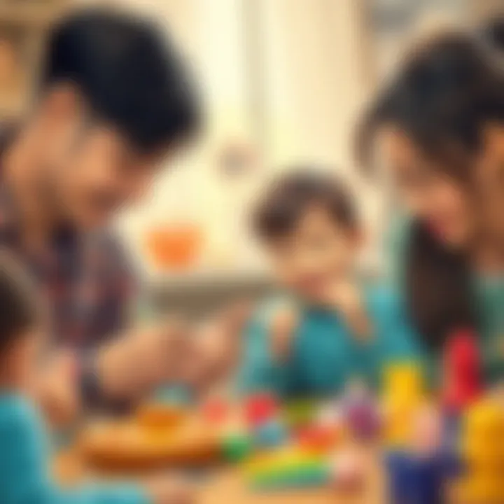 Parents and children enjoying a jewelry-making activity together