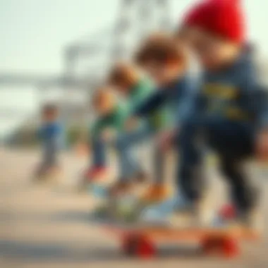 Children practicing skateboarding skills