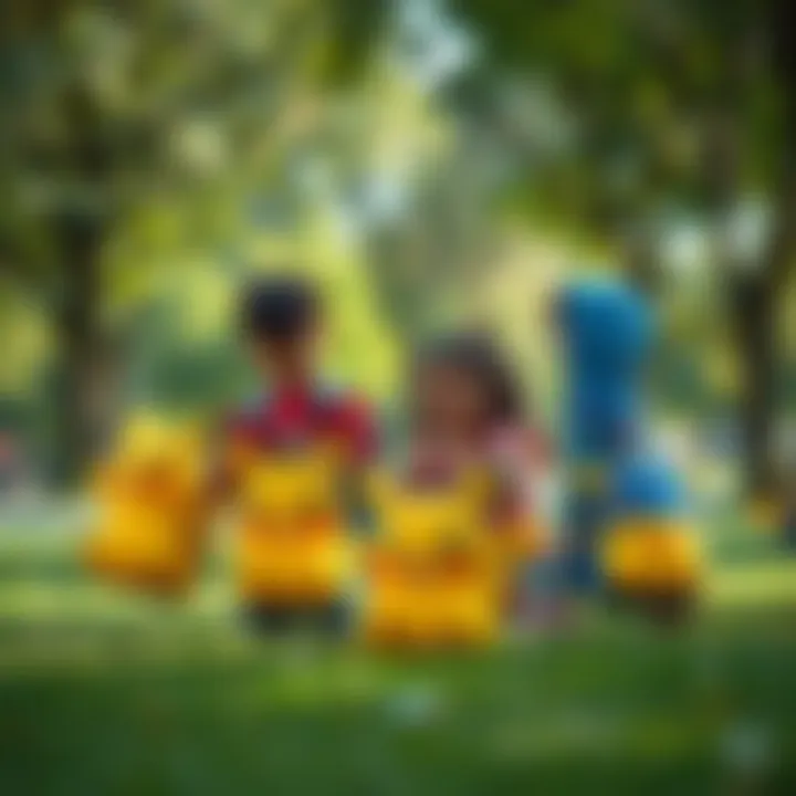 Kids with Pokemon Bags in Park Children happily using Pokemon bags in a park setting
