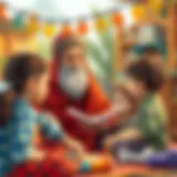 Colorful illustration of Kral Şakir engaging with children in a lively setting