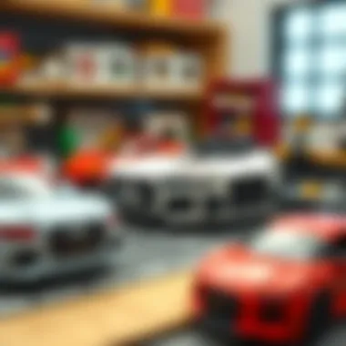 An educational setup showcasing Lego Audi sets for children