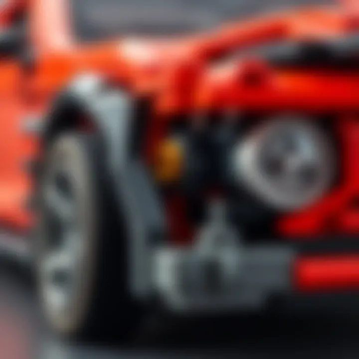 Close-up of the unique features of the Lego Technic Ford Mustang including engine and wheels