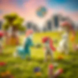 A vibrant scene of small ponies in a magical landscape