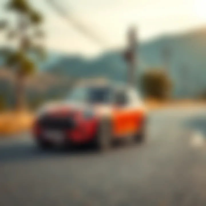 Stylish Mini Cooper style car on a scenic road