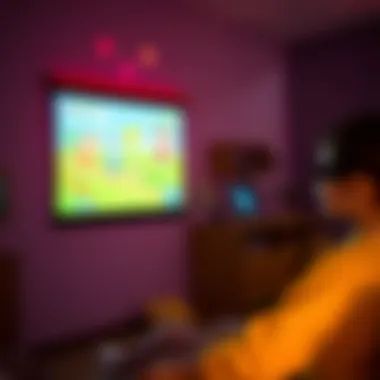 A vibrant projection of educational games on a wall created by a mini projector