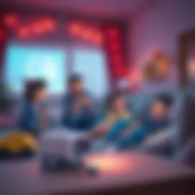 A family enjoying movie night with a mini projector in their living room