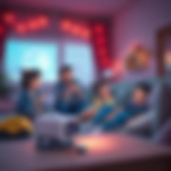 A family enjoying movie night with a mini projector in their living room