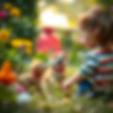 Joyful Interactions in Nature A playful miniature dog engaging with a child in a vibrant garden