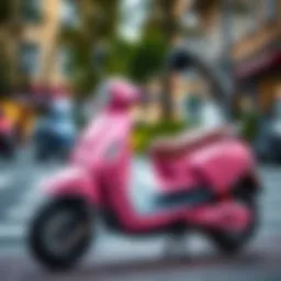 A stylish pink electric scooter parked in an urban environment
