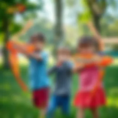 Children engaging in a safe game with Nerf bows in a park setting