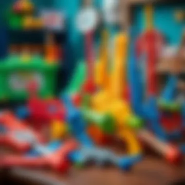 Colorful toy weapons arranged on a table