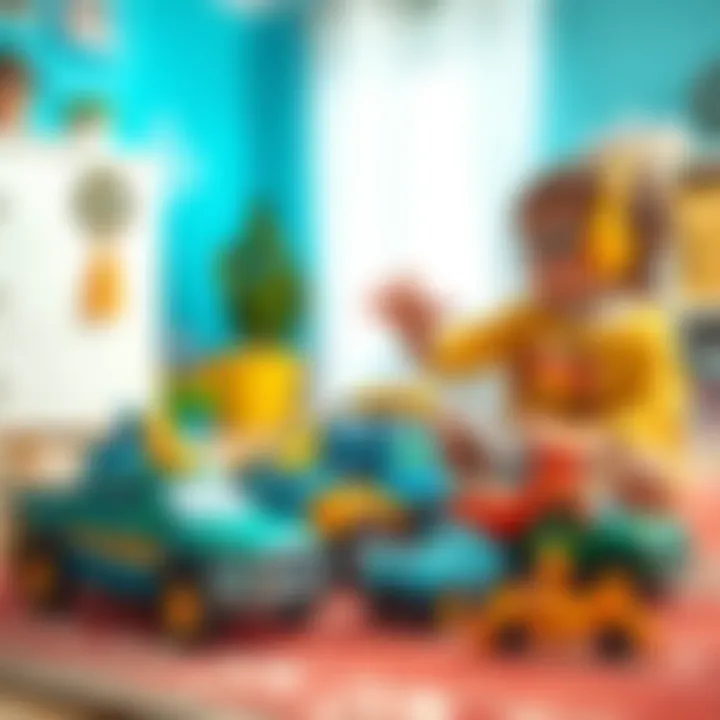 Imaginative Playtime with Toy Vehicles Child playing with toy trucks and cars on a rug