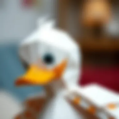 A close-up of intricate details in a handmade paper duck costume, emphasizing craftsmanship.