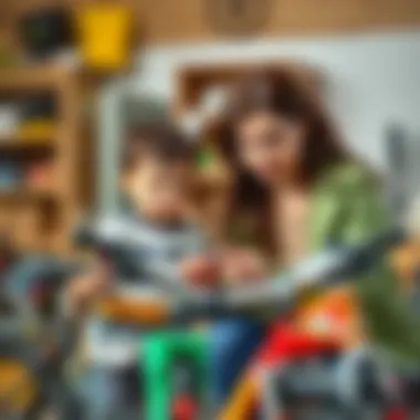 A child and a parent examining bicycle parts together