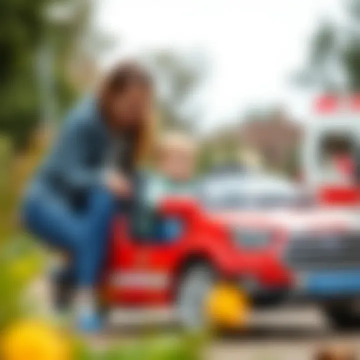 A parent supervising a child while using an ambulance ride-on car, highlighting safety tips.