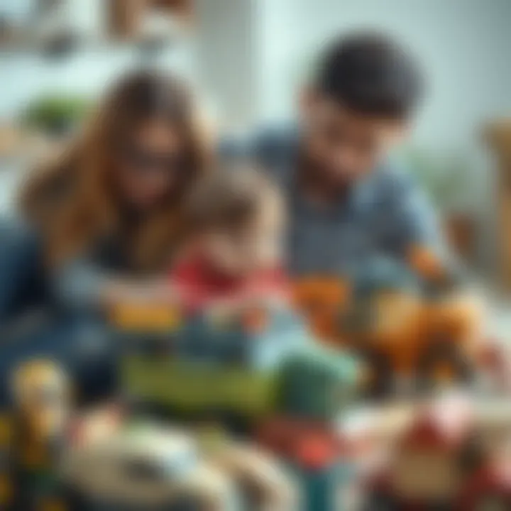 Parents and children engaging with educational mine cart toys together.