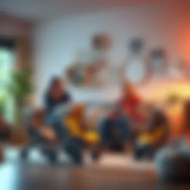 Parents discussing options for toy strollers in a living room