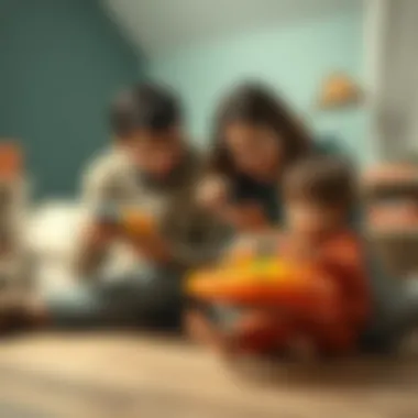 Parents engaging with children using small UFO toys