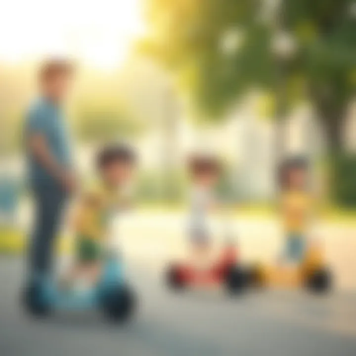 Parents supervising children playing with large-wheeled scooters