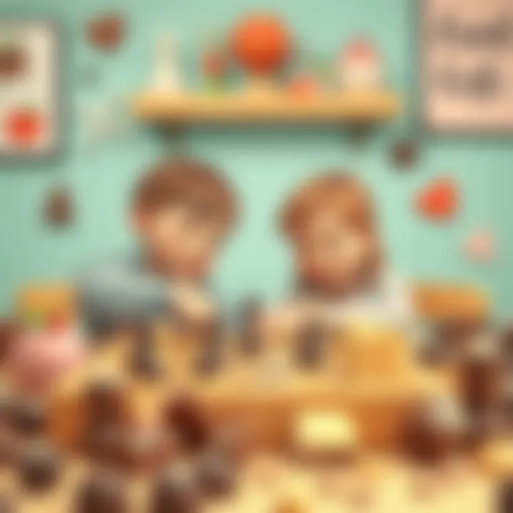 Children engaging in a chess match surrounded by chocolate treats