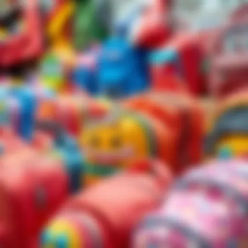 Colorful school bags arranged on a display