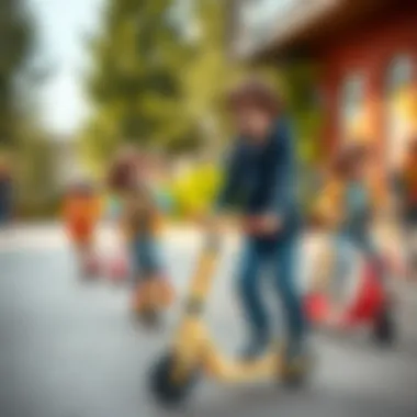 Group of kids interacting while using scooters