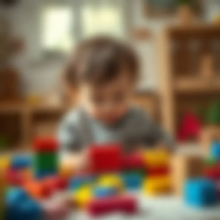 A child engaged in creative play with building blocks.
