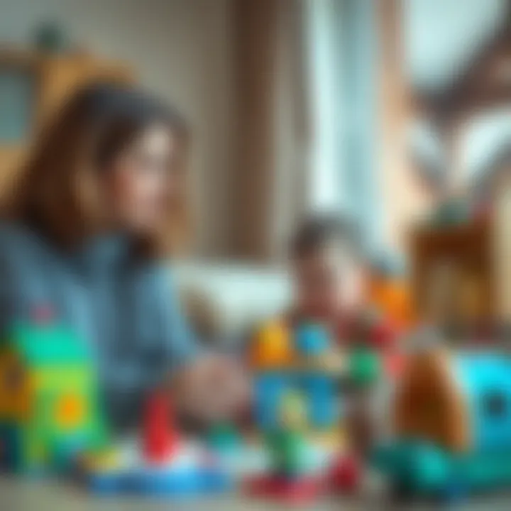A parent observing their child playing with educational toys.