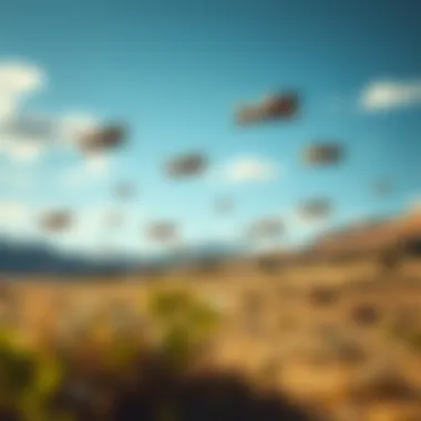Flying Vehicles in a Serene Landscape A serene landscape with flying vehicles in the sky