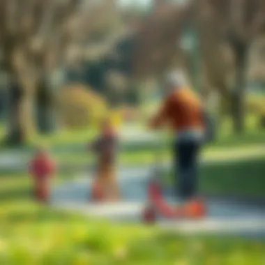 Parents supervising kids riding scooters in a park