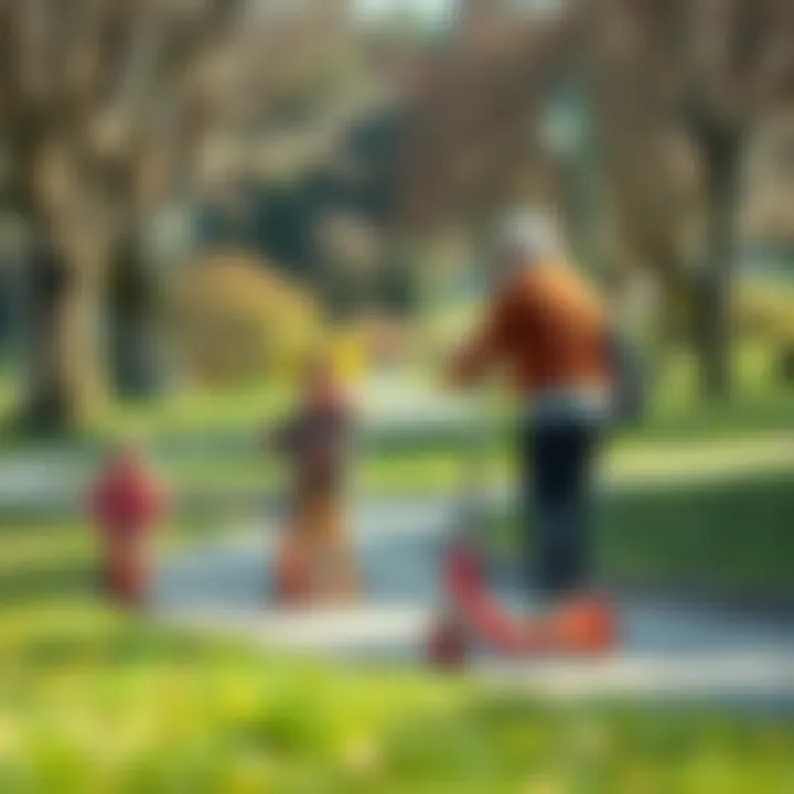 Parents supervising kids riding scooters in a park