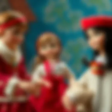 An artistic representation of Sindy dolls in different cultural settings reflecting their global influence.