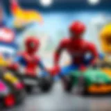 Spiderman interacting with Hot Wheels cars in a playful environment.