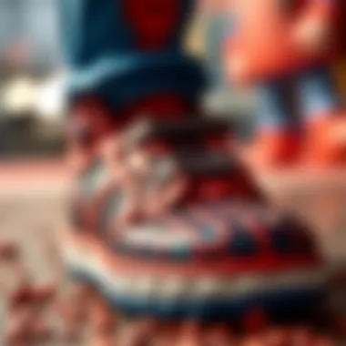 Close-up of the design on Spiderman shoes