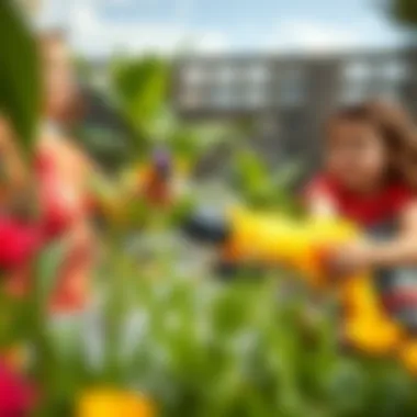 Children Enjoying Water Play Children joyfully playing with pump water guns in a garden