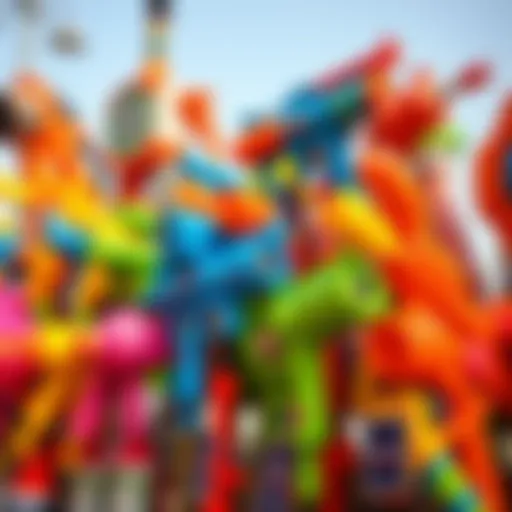 A colorful collection of pump water guns displayed outdoors