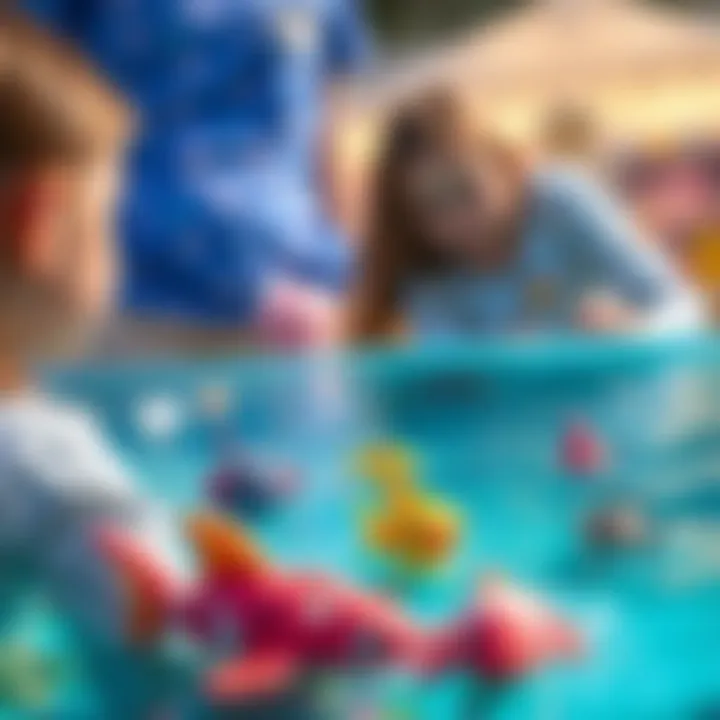 Parents supervising children as they explore aqua pets in water